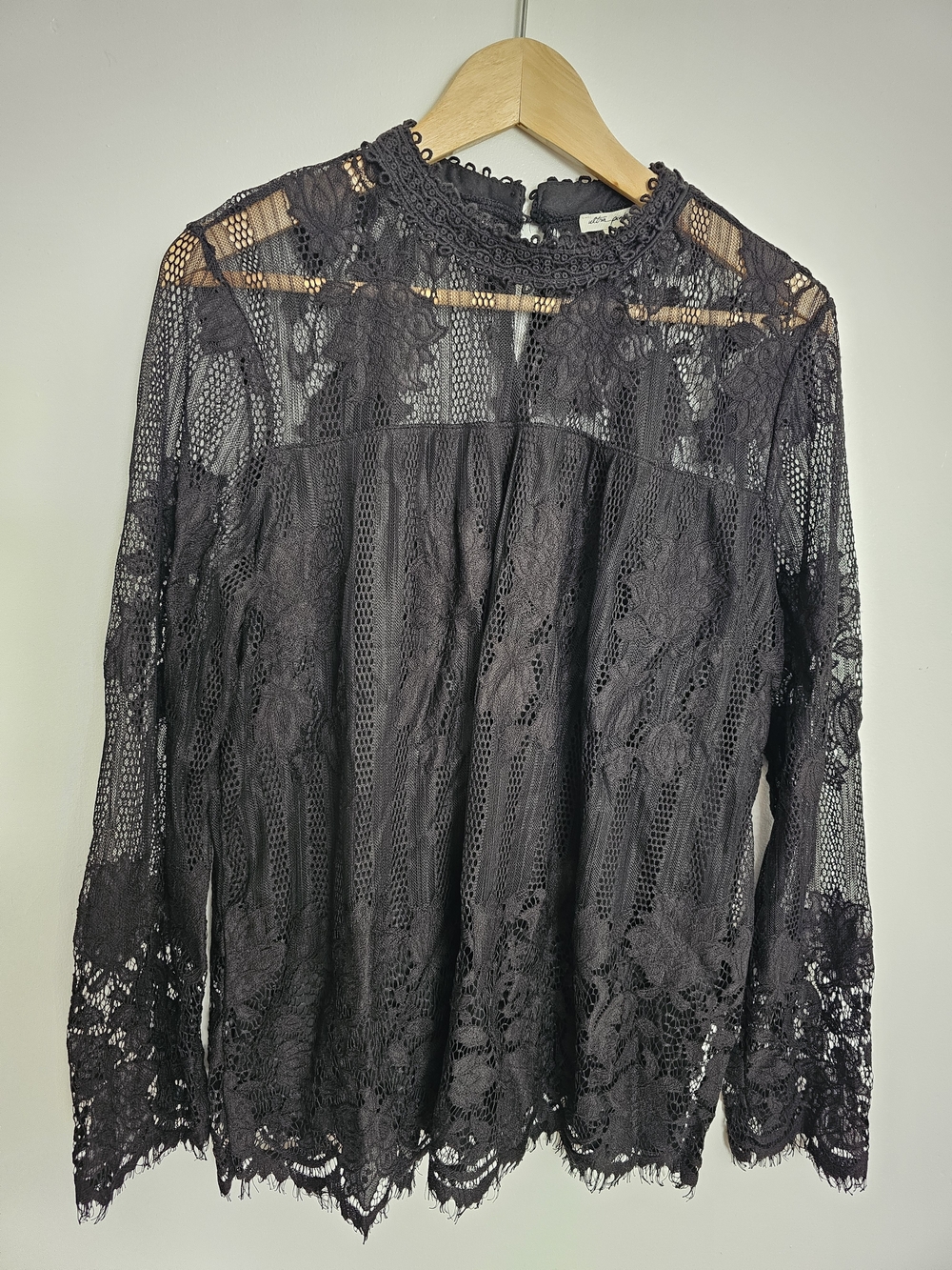 Ultra Pink Sheer Lace Boho Blouse Scalloped Edge Black Size L Mock Neck Romantic